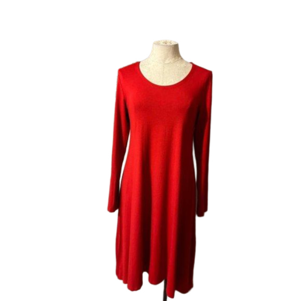 Eileen Fisher Trapeze Dress Red Small Long Sleeve Stretch Washable - Picture 2 of 8